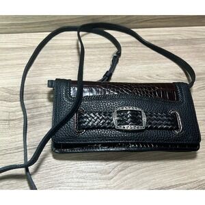 Brighton Black Leather Crocodile Embossed Buckle Flap Crossbody Wallet NWOT